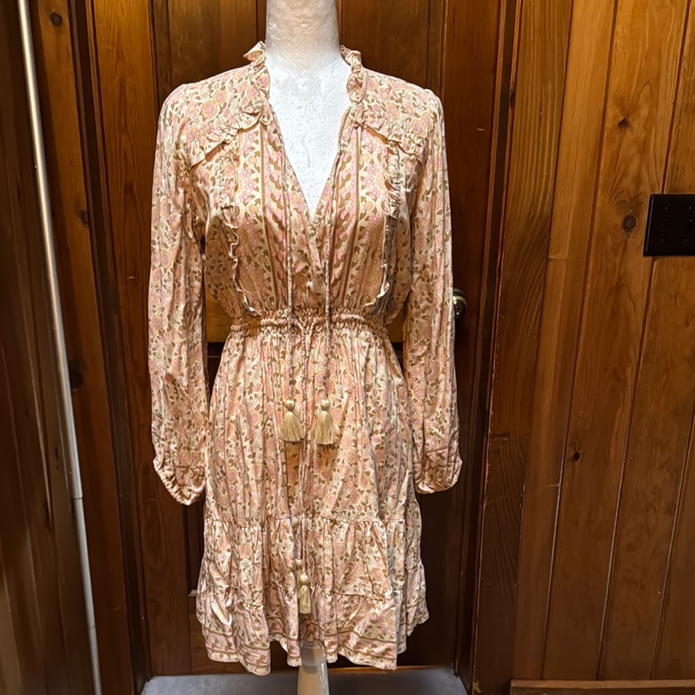 Tan and Pink Long Sleeve Bishop Sleeve Sundress with Plunge Neckline